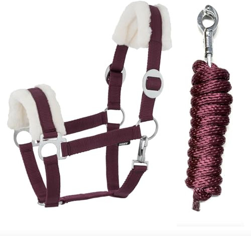 JA Horse Kunstfell Halfter Führstrick Set mit Panikhaken verstellbar Pferdehalfter Pferd Holzpferd Anbindestrick (Kunstfell Panikhaken Burgundy, Cob)