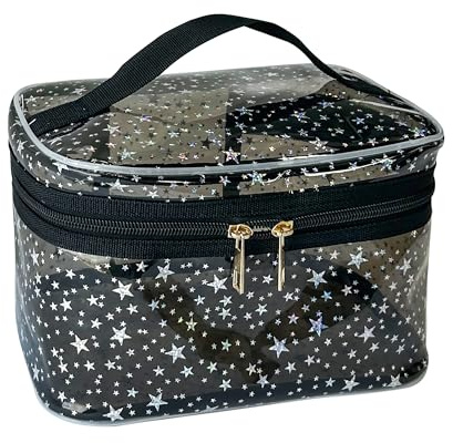 TotePrint Star Pattern PVC Cosmetic Bag Waterproof Square Bucket Shape 22 x 14 x 14 cm Travel Makeup Organiser (Pack of 1), black, Modern