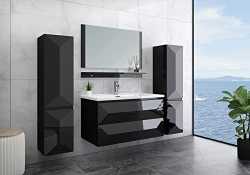 Faizee Möbel Miran Hochglanz Badmöbel Set mit Spiegel & Keramik-Waschbecken – Modernes 6-teiliges Badezimmer Set mit Soft-Close Unterschrank & 2 Seitenschränken (Miran Schwarz, 60 cm (Unterschrank))