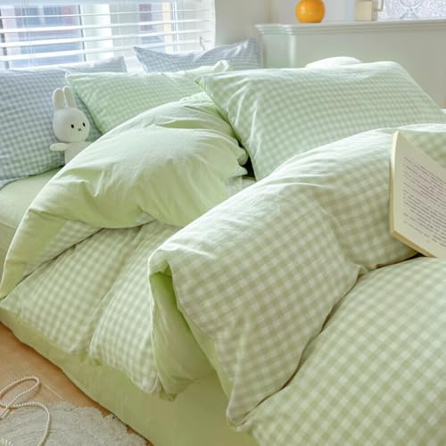 Michorinee Housse de Couette 220x240 Vert Sauge Blanc Vichy à Carreaux Parure de lit Adulte 2 Personnes Moderne Microfibre Sets de Housses de Couettes avec Fermeture Éclair et 2 Taies d'oreiller 65x65