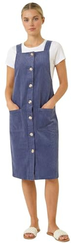 Roman Originals Corduroy Pinafore Midi Dress for Women UK - Ladies Everyday Autumn Winter Square Neckline Comfy Soft Evening Vacation Work Party Night Out - Indigo - Size 10