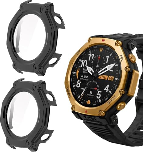 Blueshaweu Cover Compatibile per Amazfit T-Rex 3 Pro Smartwatch, Vetro Temperato Case Duro PC Protettivo Antiurto Custodia Compatibile con Amazfit Smartwatch T-Rex 3 Pro (Nero+Nero)