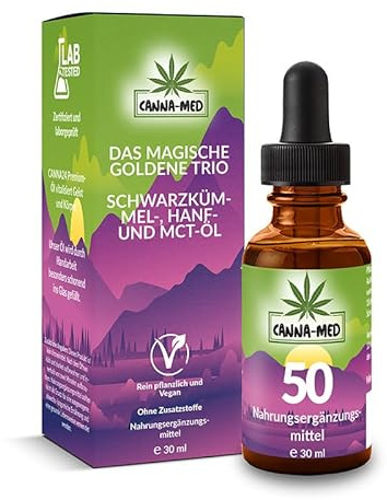 CANNA-MED - Premium 50 mit 30ML (750 Tropfen) extra starkes und hochdosiertes Hanfsamenöl - Vital Hanfsamenöl - 100% Natur - Hanftropfen mit Omega 3-6-9