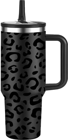 Thermobecher Auslaufsicher,40oz Edelstahl Kaffeebecher to go isoliert mit Strohhalm,Reisebecher 100% Leckschutz, Doppelwandiger Heiße Kalte Getränke Trinkbecher,Trinkflasche bpa frei(Leopardenmuster)