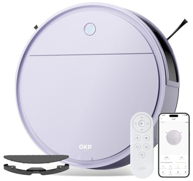 OKP K5Pro Robot aspirateur, 5000 Pa, Autonomie 180 Minutes, Ultra-Mince 7,7 cm, Évitement d'obstacles PSD, Silencieux, Adapté aux sols durs et aux Poils d'animaux, WiFi/Alexa/App/Télécommande, Violet