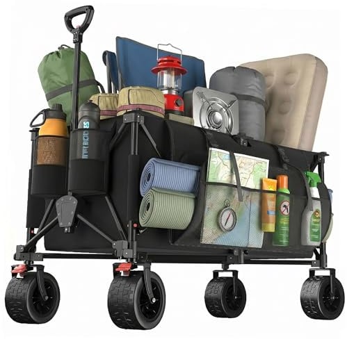 JUMMICO Faltbarer Bollerwagen Große 260L Kapazität 17cm Ballonreifen Doppelte Feststellbremse Strand Einkauf Fest Camping Transportwagen,Schwarz