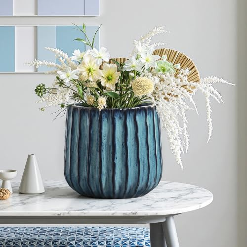 Hometopia Keramik Blumentopf Rund Ø23 cm x H 21,5cm, mit Ablaufloch | Keramik Pflanztopf mit Drainagelöchern & Gummistopfen, Moderne grün-blaue glasierte Blumentöpfe für Garten und Terrasse