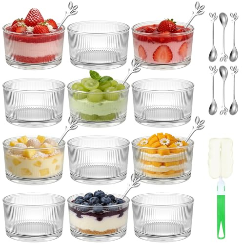 Mispudin Dessert Glasses Set of 12, 200ml Glass Ice Cream Bowls with Spoons | Stackable Bowls with Vertical Stripes, Cleaning Brush, for Sundae, Parfait, Salad, Fruit, Yogurt and Party Serving