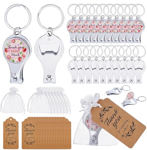 INTERWARM 60 Sets Strawberry Nail Clipper Keychain Bulk, Nail Clipper Bottle Opener Decorations with Thank You Tags Pearl Gauze Bags