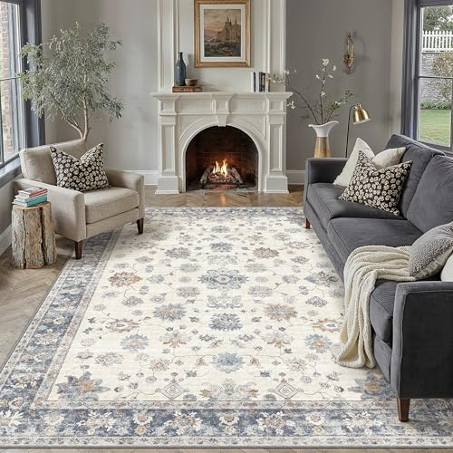 PureCozy Vintage Teppich Wohnzimmer 200x300cm Blau Weiß Waschbar Teppiche Rug