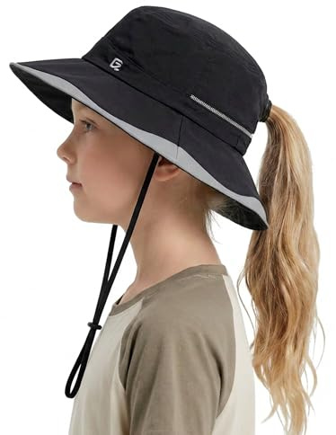 GADIEMKENSD Chapeau Bob pour Enfants avec Trou pour Queue de Cheval | Dessous de Visière Noir Enduit, UPF50+, Bandeau Rafraîchissant, Respirant, Convient pour l'Extérieur