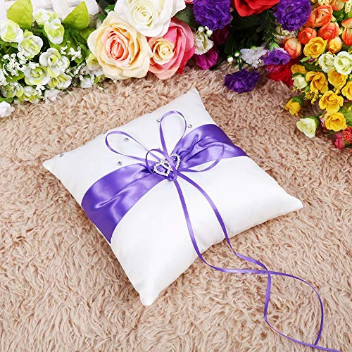 Annadue Cuscino per Portafedi Viola con Doppi Cuori e Diamanti Macchia di Fiocco, Cuscino per Fedi Nuziali per la Decorazione della Cerimonia (PURPLE)