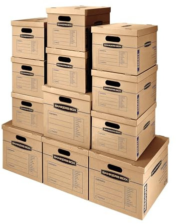 BANKERS BOX SmoothMove Classic Moving Boxes, Tape-Free Assembly, Easy Carry Handles, Brown, Assorted 12 Pack (7716401)