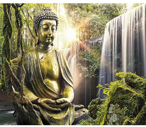 Fototapete murando 100x70 cm Vlies Tapeten Wandtapete XXL Moderne Wanddeko Design Wand Dekoration Wohnzimmer Schlafzimmer Büro Flur Natur Buddha Wald Wasserfall Asia h-C-0032-a-b