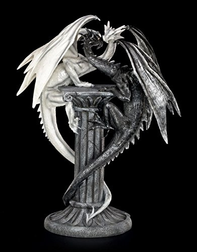 Figuren Shop GmbH Drachenfigur - Darkwhite auf Säule - schwarz und weiß