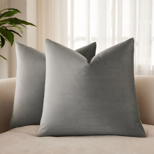 JUSPURBET 2 Pack Decorative Velvet Cushion Covers 26x26 Inch Euro Grey Square Throw Cushion Covers with Invisible Zipper for Living Room Sofa Bedroom