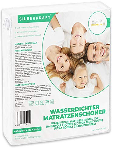 Silberkraft Coprimaterasso 140 x 200 cm, impermeabile, rivestimento antiacaro, protezione per materasso – adatto per chi soffre di allergie – Coprimaterasso in cotone – certificato Oeko Tex