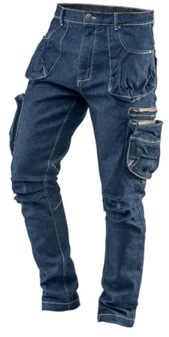 NEO TOOLS - Pantaloni da Lavoro da Uomo in Denim, 8 Tasche, Taglie XS-XXXL, Cuciture rinforzate, Ginocchia profilate, Tessuto Misto 98% Cotone, 2% Elastan, Tasche Multifunzione, Effetto Cargo