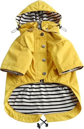 Pethiy - Stile elegante Impermeabile cappotto per Cani con cerniera e rimovibile cappuccio,tasche,leggero Impermeabili poncho con Coulisse e bottoni riflettenti,resistente alla pioggia/acqua-Giallo-XL