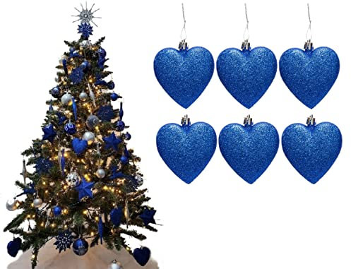 Simply Products 6 Heart Baubles - Great Christmas Tree Decorations, Glitter Heart Baubles (Royal Blue Glitter)