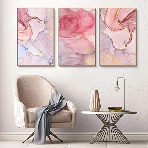 XIANGPEIFBH Nordic Abstract Gold Line Rose Affiche et Impressions Toile Peinture Mur Art Photo pour Fille Chambre Salon Décor 30x40cm (12x16in) x3 Cadre Intérieur