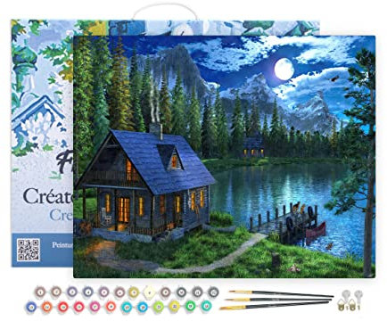 Figured'Art Peinture par Numéro Adulte avec Cadre Lac Nocturne - Activité Manuelle Kit de Loisir Créatif DIY Numéro d'art Complet - 40x50cm Toile tendue sur châssis