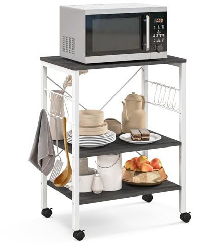 TANGZON 3-Tier Kitchen Baker's Rack on Lockable Wheels, Metal Frame Rolling Kitchen Storage Cart with 5/10 S-Hooks, Utility Shelves Unit for Home Dining Living Room (2 Adjustable Shelves, Brown)