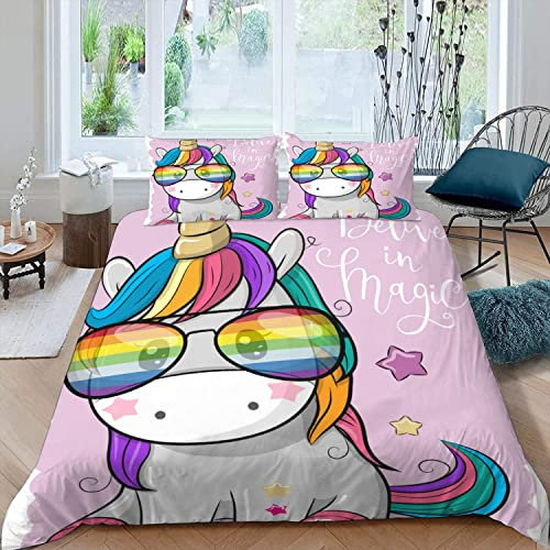 MOUPL Bettwäsche 155x220 3teilig 3D Motiv Kawaii Cartoon Einhorn Bettbezug Set mit Reißverschluss 100% Leicht Mikrofaser Kuschelig Atmungsaktive Sommer Betten Set mit 2 Kissenbezug 80x80 cm