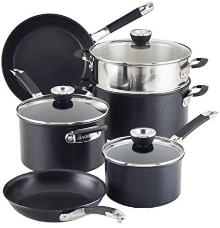 Anolon SmartStack Hard Anodized Nonstick Induction Nesting Cookware/Pots and Pans Set, Dishwasher Safe, 9 Piece - Black