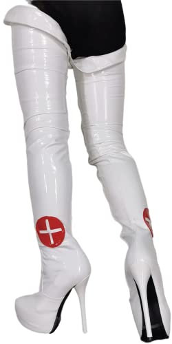 Stivale sopra il ginocchio bianco a spillo con plateau, classico croce rossa sexy brevetto stretto coscia sottile stivale alto, Frankie Hsu di grandi dimensioni Fashion Club Danza tacchi alti stivali