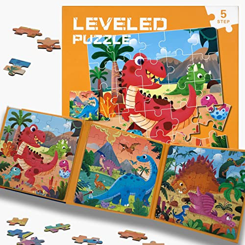 FUNTECH Kinderpuzzle, Magnetische Puzzle 3 in 1 für 3 bis 6-Jährige, Reisespiele Kinder ab 3, Magnetisches Reisespielzeug und Spiel, Lernpuzzle in Buchform mit 97 Teilen (Puzzle Dinosaurier)