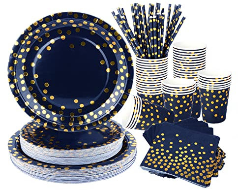 WINKIM Navy Blue Gold Party Plates 150Pieces Party Tableware Contains Paper Party Plates Cups and Napkins Paper Straws for Birthday Wedding Engagement Graduation Parties(30 Guests) (Navy Blue Gold)