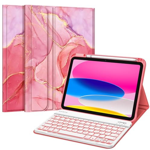 FINTIE Hülle mit Tastatur für iPad 11 Generation 2025 11 Zoll, iPad 10 Generation 2022 10.9 Zoll, 7-farbig Beleuchteter Magnetischer Abnehmbarer Keyboard Hülle mit Stifthalter, Marmor Pink