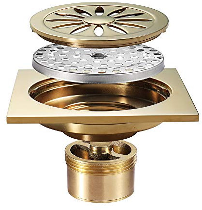 Duschrinne Quadrat 10x10cm Bodenablauf Messing Duschablauf Champagner Gold Duschabfluss mit Bodenablaufabdeckung, Haarfilter, Desodorierender Kern aus Messing