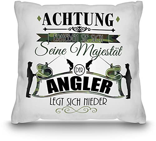 PR Print Royal Kissen Bedrucken mit lustigem Spruch - Seine Majestät der Angler - Geschenk für Angler, Fischer und Fans vom Angelsport | Weiss Polyester, inkl. Kissenfüllung, 40 x 40 cm