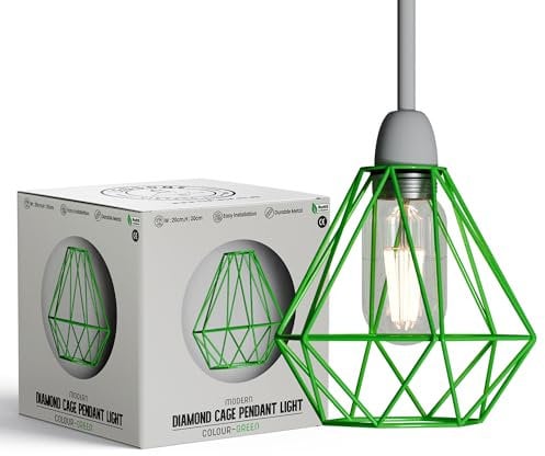 LEDSONE Modern Geometric Diamond Pendant Lampshade - Metal Wire Cage, Green, 14.5x20cm, Ideal for Living Room, Kitchen, Restaurant, Office