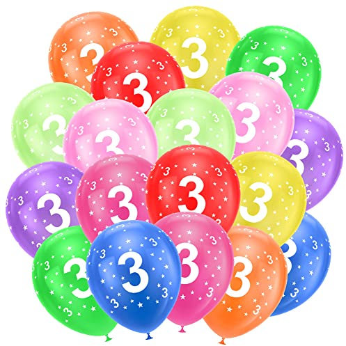Ainiv 18 Stück Kunterbunte Luftballons, Geburtstag Ballon, Luftballons 3. Geburtstag, Partyzubehör zum 3. Jahrestag, 12-Zoll-Zahlen Druckten Latex-Party-Ballone, Zahlenballons für Mädchen und Jungen
