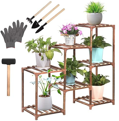 Mardatt Plant Stand Indoor Outdoor, 3 Tiers 7 Potted Ladder Plant Holder Table Plant Window Plant Rack Wood Plant Shelf Multiple Plant Pot Holder for Balcony Window Garden(3 Tiers 7 Potted)