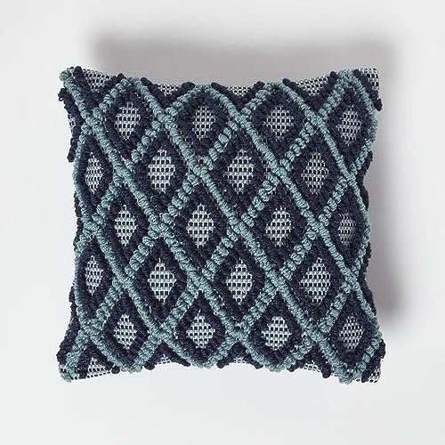 Homescapes Tula Dekokissen blau-Petrol 45x45 cm, Zierkissen Rauten-Muster, Kissen geometrisch mit Struktur