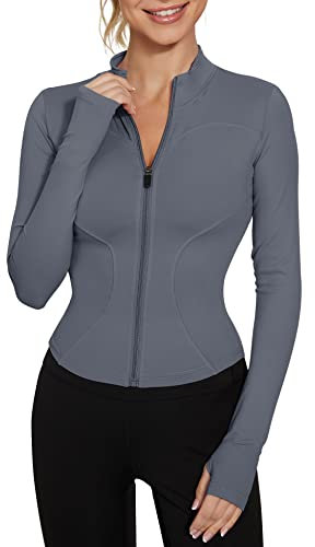 IECCP Gym Tops Women Long Sleeve Running T-Shirt Half Zip Workout Cropped Tops Fitness Yoga T Shirt with Thumb Holes Gray Blue L