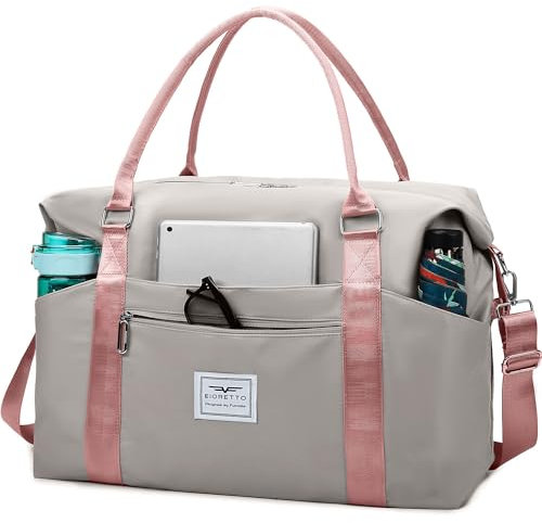 FIORETTO Damen Reisetasche Sporttasche Handgepäck Weekender Bag Schwimmtasche Wasserdicht Travel Bag Duffle Bag Fitnesstasche Trainingstasche für Damen Grau&Rosa Large