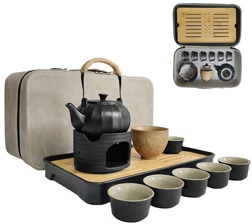 NIUKOMY Vintage Set da tè Giapponese, Servizio da tè Cinese Kung Fu, Set da tè da Viaggio Portatile, Piccolo Set da tè in Ceramica per Esterni, Nero