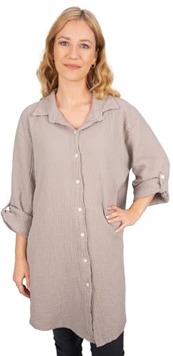 Lolus Oversized Musselinbluse Musselin Hemdbluse mit Knopfverschluss & Taschen aus 100% Baumwolle (Jessy - Taupe)