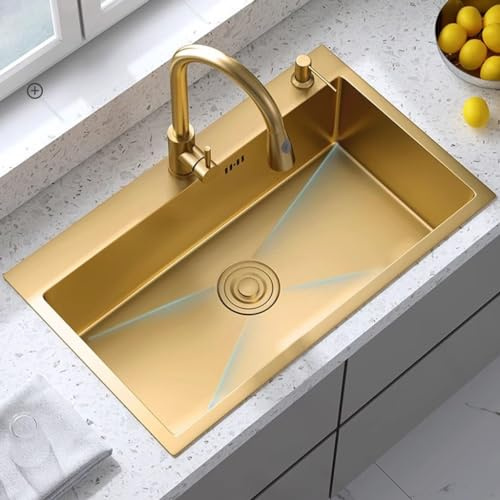 Küchenspüle Gold Große Einzelspüle Für Die Küche In Nanogold Mit Ausziehbarem Wasserhahn Workstation-Küchenspüle Mit Zubehör (Color : Gold, S : 60 * 45 * 21cm)