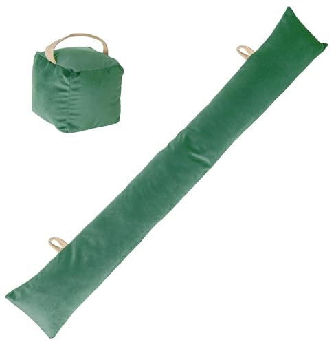 Nicola Spring Cube Door Stop & Draught Excluder Set - Green - 2pc - Velvet Indoor Decorative Weighted Door Wedge and Interior Wind Stopper Snake Air Seal for Home, Office