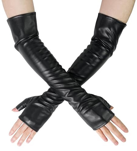 Luwint Extra Long Black Faux Leather Sleeve Fingerless Gloves, Black, S/M