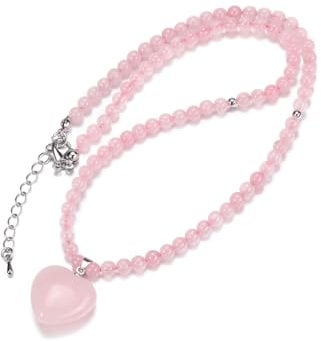 CrystalTears Rose Quartz Crystal Necklace for Women Natural Heart Crystal Stone Pendant Necklace Pink Healing Gemstone Beaded Necklace Yoga Meditation Jewelry Gifts for Women Mum Christmas