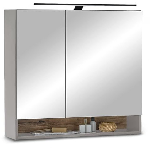 Denver Spiegelschrank Bad mit LED-Beleuchtung in Grau/Evoke Eiche Optik FSC-Zertifiziert - Badezimmerspiegel Schrank mit viel Stauraum - 80 x 75 x 22 cm (B/H/T)