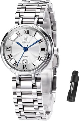 Taxau Damenarmbanduhr Silber Edelstahl Wasserdicht mit Datum Römische Ziffern Quarzuhr Rundes Zifferblatt Elegant Uhren für Damen