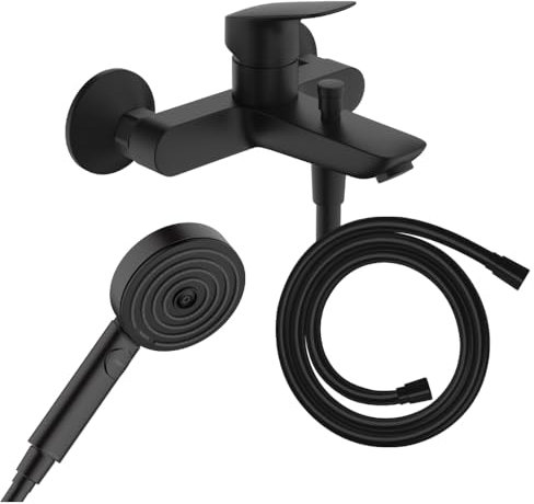 Hansgrohe Pack mitigeur Bain Douche Logis + Flexible Isiflex + Pommeau Pulsify Select 105 3 Jets Noir Mat